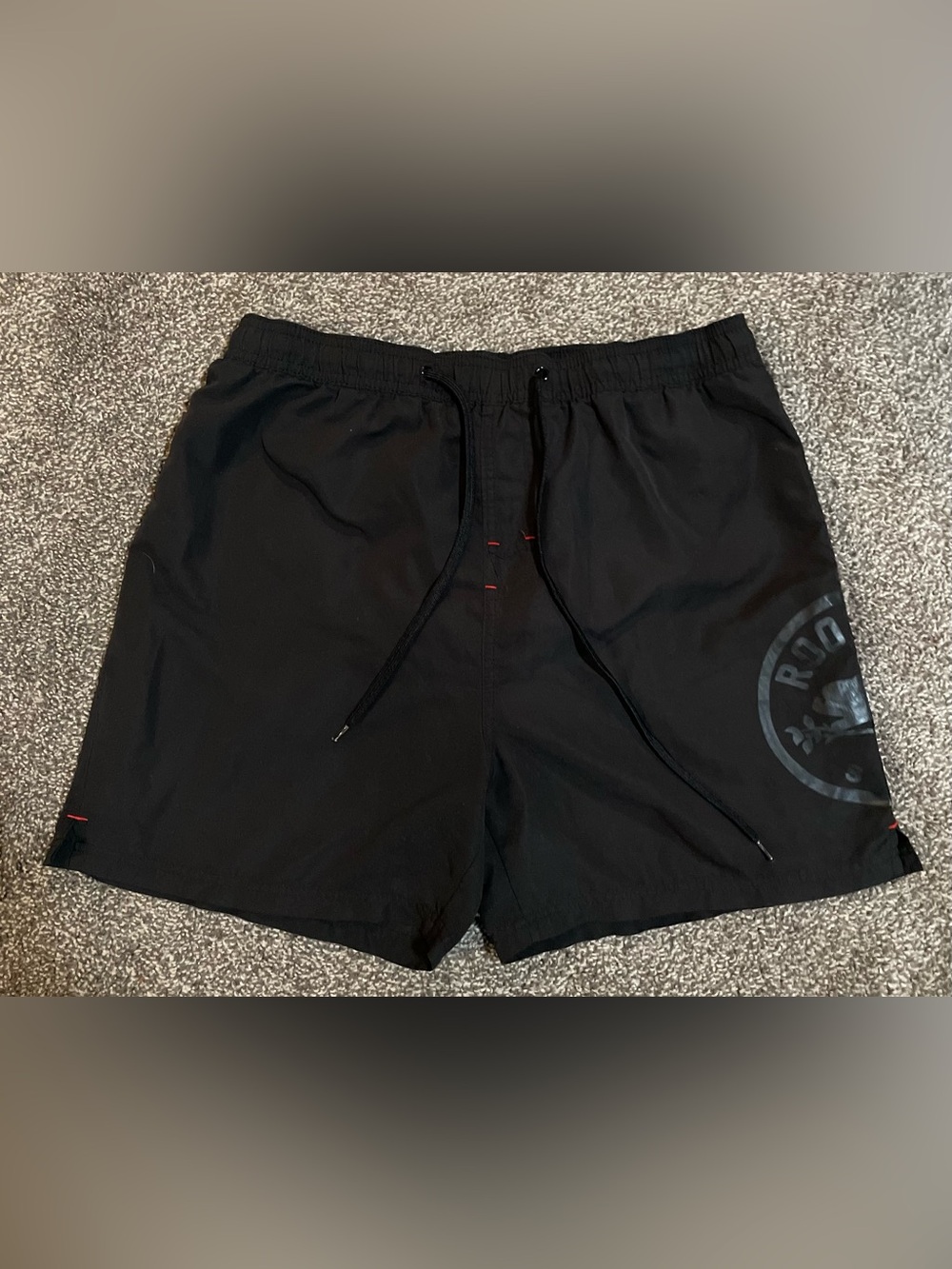 Roots Black Logo Swim Shorts with Subtle Red Stitch